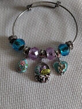 Silver Charm Bangle Bracelet with Teal, Purple, and Aqua Charms Earrings Set